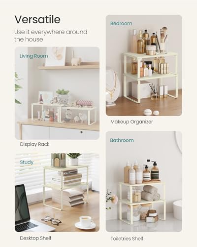SONGMICS Cabinet Organizer Shelf, Set of 2 Kitchen Counter Shelves, Kitchen Storage, Spice Rack, Stackable, Expandable, Metal and Engineered Wood, Cream White UKCS002W02 - color: Cream White, size: 11.7"W