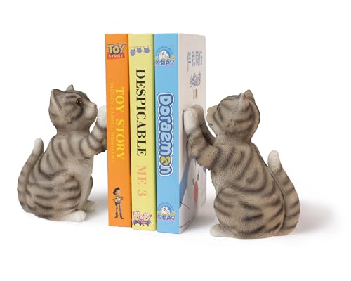Cute Cat Bookends for Shelves, Heavy Duty Bookends, Decorative Bookends for Kids Books, Non-Skid Design, Grey Cat Statue Enthusiasts Gifts - color: Gray