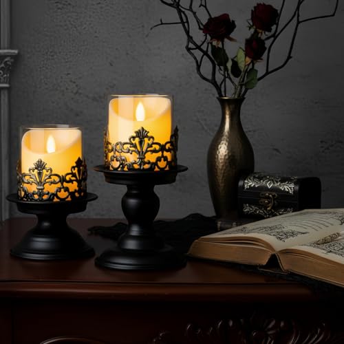 Gothic Hurricane Candle Holders, Black Metal with Glass Sleeve, Set of 2 Decorative Pillar Holders, 5.9 and 7.9 Inch Height, 4 Inch Diameter - size: Height 5.9 inches and 7.9 inches - 2 Pieces