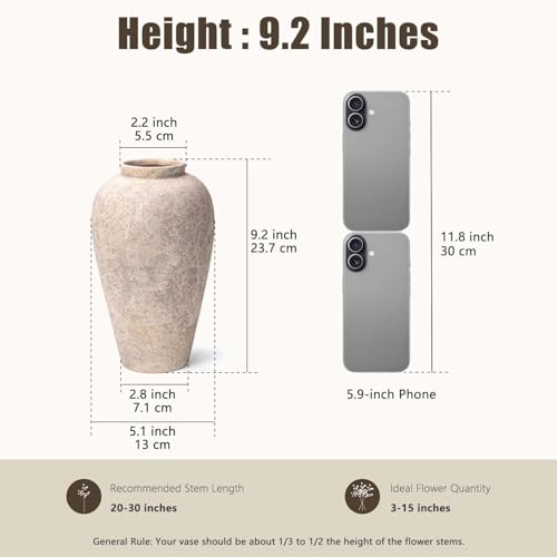 Ceramic Flower Vase Home Decor - 9.2 inch Large Farmhouse Table Vases, Rustic Decorative Vases for Kitchen Living Room Coffee Dining Shelf Mantel Decoration - color: Farmhouse Grey-9.2"