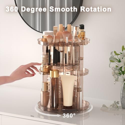 Rotating Makeup Organizer Countertop, DIY Adjustable Trays Spinning Skincare Organizers, Cosmetic Display Shelf with Perfume & Brush Holder, Multi-Function Desk Storage Carousel for Vanity Bathroom - color: Clear Coffee