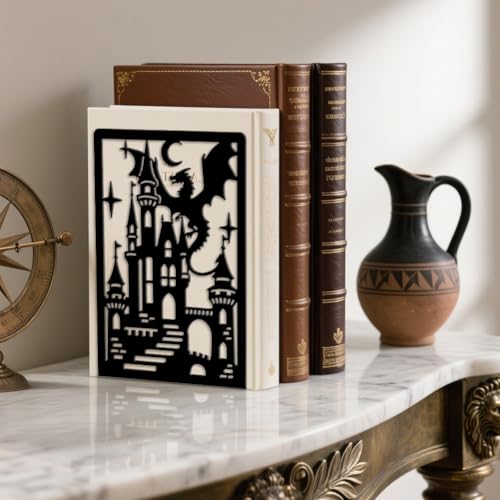 Peacoblue Metal Bookends for Shelves, Modern Decorative Heavy Duty Study Book Ends Stoppers for Office, Desk, Shelf, Room 5.3"x4.3"x7.9" Cast Iron Simple Tall Bookends 1 Pair (Dragon Castle) - style: Dragon and Castle