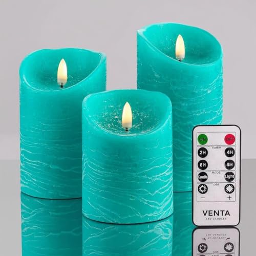 VENTA Turquoise Real Wax Flameless Candles, Set of 3 | Realistic Teal LED Pillar Candles with Remote & Timer | Perfect for Coastal, Beach House & Nautical Decor - color: Turquoise