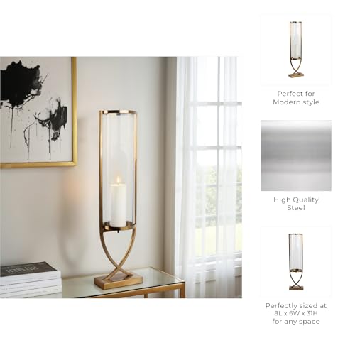 Contemporary Metal and Glass Hurricane Candle Holder - Decorative Pillar Candlestick Holder for Table Centerpiece - Elegant Home Decor Accents for Any Special Occasion Decoration - 31" Gold - color: Gold, size: 31"