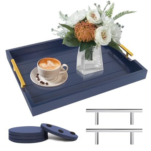 SXNOWS Coffee Table Tray - Large Ottoman Tray for Living Room - Wood Serving Tray with 2 Sets of Handles - Wooden Trays for Coffee Tables, 4 Round Coasters Included, Deep Blue - color: Navy Blue