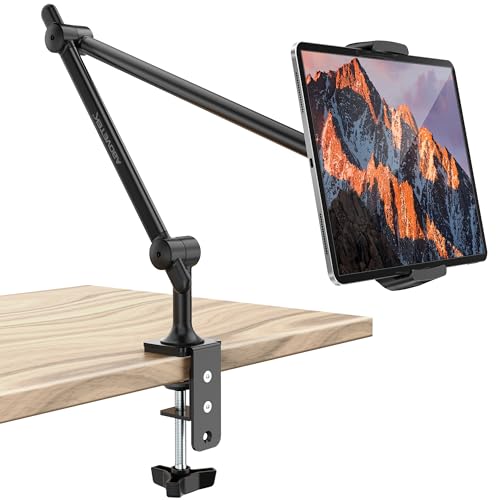 AboveTEK Tablet Stand Holder for Desk & Bed, Aluminum iPad Holder Arm with 360° Rotating Clamp, Adjustable Phone Stand Compatible with 4.7"-13.5" iPad Pro/Air/Mini, iPhone, Galaxy Tab- Black - color: Black