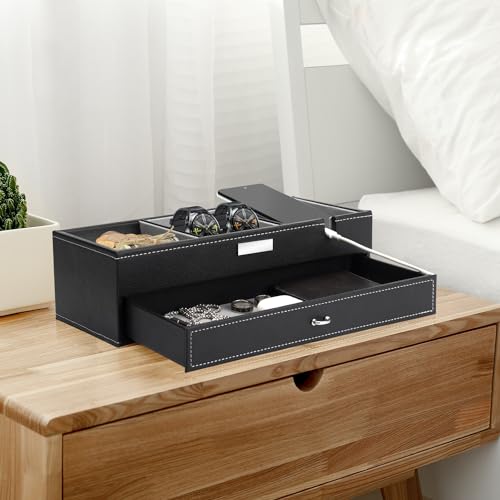 Baoyun Mens Valet Tray, Nightstand Organizers for Men, Leather Jewelry Storage Box Bedside Table Organizer EDC Catch All for Jewelry Key Wallet and Phone - color: Brown