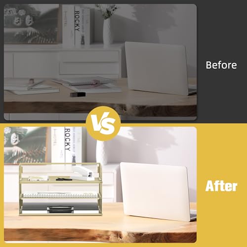 DALTACK 3 Tier Paper Organizer with Handle, Mesh Metal Desk Organizer with Sliding Paper Trays for Letter/A4 Paper, Mail, Bills & Folders, Yellow - color: Golden Yellow