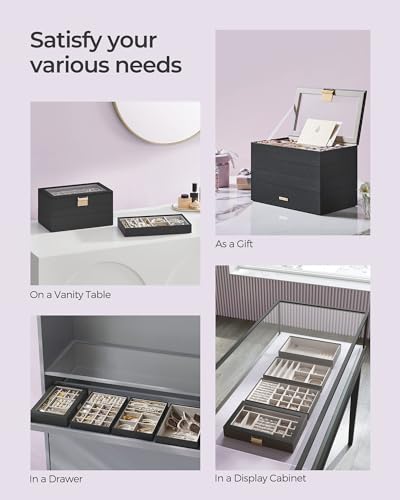 SONGMICS Stackable Jewelry Trays, 4-Tier Jewelry Box, Drawer Jewelry Organizer, with Glass Lid, Removable Dividers, for Vanity Table, 6.7 x 11 x 7.2 Inches, Gift Idea, Ink Black UJBC164B01 - color: Ink Black