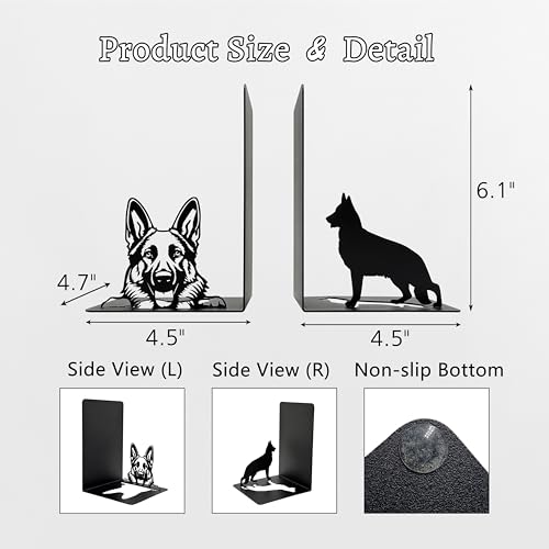 German Shepherd Theme Bookends Decor – Dog Gifts with Black Modern Bookends, Decorative Bookends for Shelves – Unique Book Stopper for Shelves (German Shepherd) - color: German Shepherd