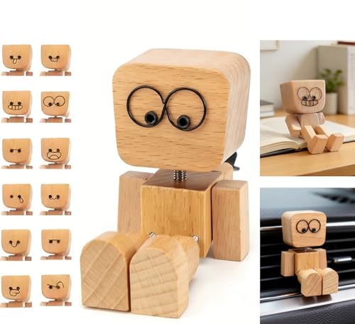 Shaking Wooden Man Figurine - 12PCS Magnetic Changeable Faces, Handmade Spring Legs Wobbly Doll for Car Dashboard & Office Desk Decor, Funny Kinetic Desktop Ornament Creative Gift