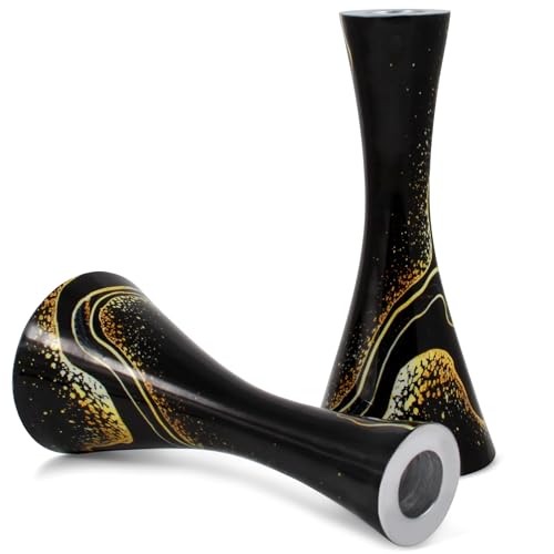 Zion Judaica Marble Decal Candle Holder Set of 2 - Black & Gold Marbleized Candlesticks 6.75" Hourglass Shape Fits 7/8" Thick Tapered/Shabbat Candles Bat Mitzvah Gift for Jewish Wedding (Black Burst) - color: Black Burst