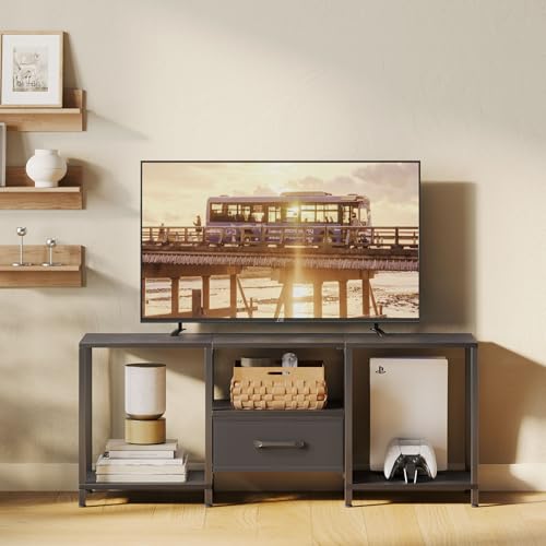JARHETUN TV Stand with Fabric Drawer for 55 Inch TV, Entertainment Center with Open Shelves, Media TV Console Table for Living Room, Bedroom, Black - color: Black, size: 46.1 Inches
