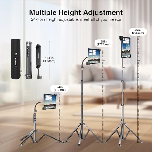 elitehood Aluminum Diagonal Design 72" iPad Tripod Floor Stand, Heavy Duty Adjustable Tablet Stand Holder, Flexible Gooseneck iPad Stand for Pro 13 12.9 11, Air, Samsung Tab and More 9-14.2" Devices - size: 9–14.2" · Diagonal Clamp