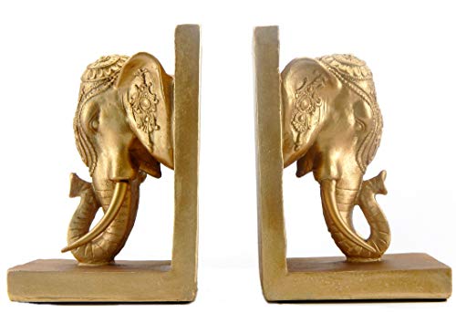 Bellaa 21817 Thai Elephant Bookends Pair - Antique Gold Polyresin 7 Inch Tall Decorative Bookshelf Decor