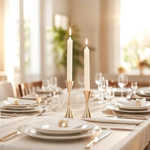 DN DECONATION Gold Taper Candle Holders Set of 2, Tapered Candlestick Holders Decor for Fall Thanksgiving Table Centerpiece Wedding Decorations, Modern Metal Candle Holder for Living Room, Mantel - color: Gold Conical