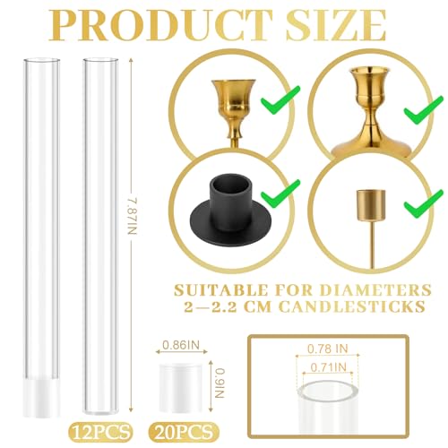 12 Pack 7.9” Acrylic Bud Vase — Cylinder Bud Vase for Taper Candlesticks, Flower Vase with Silicon Rubber Case Fits Candlestick Size 20-22mm, Perfect for Tablescapes, Weddings & Home Decor - size: 12 PC Solid