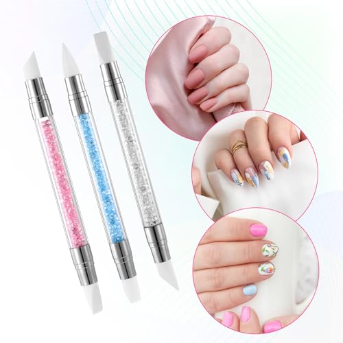 3 Pcs Nail Art Sculpture Pen, Dual Tipped Silicone Nail Tools, Silicone Head Acrylic Handle Nail Art Brushes, Rhinestone Nail Polish Carving Pen, Nail Art Tools for Home Salon(White, Pink, Blue) - color: White, Pink, Blue