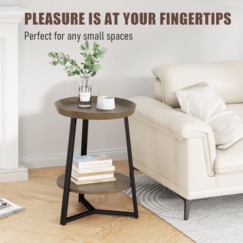Gadroad Round End Table with Storage Shelf, 2 Tier Farmhouse Side Table Nightstand for Living Room, Bedroom, Wood Tabletop & Black Metal Frame, Walnut Color 15.7 * 15.7 * 23.0inches - color: Walnut, style: No Charging Station