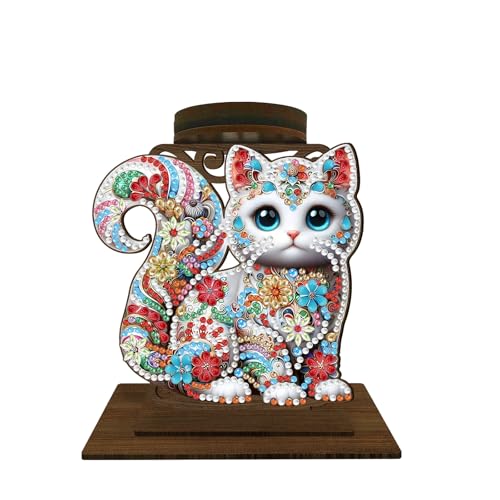 BAYUNOE DIY Candlestick Holders Wooden Desktop Diamond Art Painting Candle Holder Double-Sided Diamond Vintage Modern Decorative for Table Mantel Wedding Dinning Party-Flower Cat - color: Flower Cat