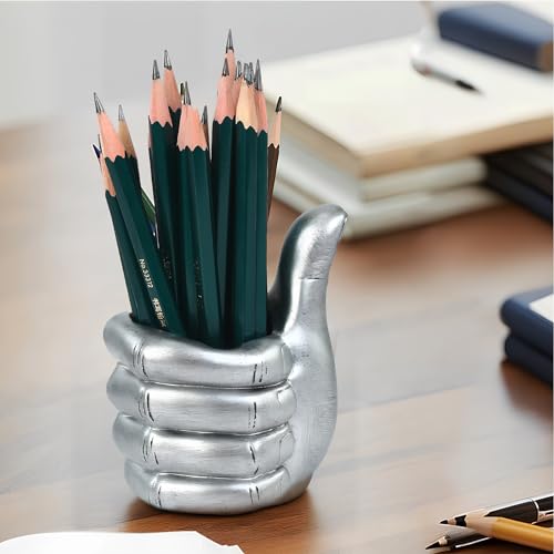Thumbs Up Pen Holder and Phone Stand,Thumbs Up Very Good Pen Container Cell Phone Stand Holder Desk Organizer Decoration for Office Desk Home Decorative (silvery) - color: silvery