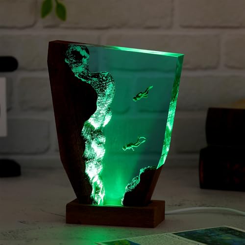 Drawelry Ocean Creative Epoxy Resin Wood Light Lamp, Handmade Multi Color Aquatic Ocean Lamp Deep Sea Diver Cave Diving Enthusiasts Led Night Light Desktop Decor Christmas Birthday Gift (Diving, S) - color: Diving
