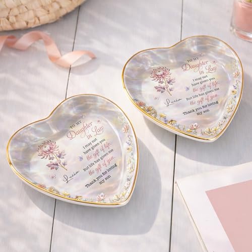 Personalized Daughter in Law Gifts Heart Shaped Jewelry Dish, Sentimental Gift from Mother-in-law, Custom Birth Flower, Birthday Gift for Daughter in Law Appreciation Present - color: Daughter In Law 132