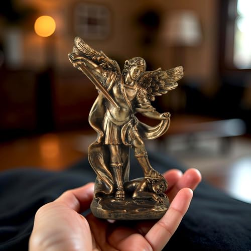 St. Michael The Archangel Statue – Bronze Resin Religious Figurine Depicting Saint Michael Defeating Evil – Christian Catholic Angel Sculpture for Home, Office, and Prayer Decor - size: 3.54 × 1.65 × 5.32 inches