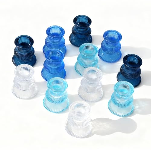 Blue Candlestick Holders 12 Pcs, Ribbed Taper Candle Holders for Table Centerpieces, Vintage Glass Candle Holders Bulk for Wedding, Birthday, Baby Shower Decoration - color: Blue&clear