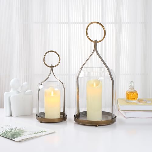 6" Wide Modern Hurricane Candle Holder with Handmade Scandinavian Glass Sleeve in Antique Brass for Pillar Candle & Plants, Hurricane Lantern Industrial, Minimalistic, Shabby Chic (1, Brass, 6"x10")