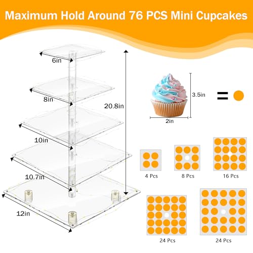 YestBuy 5 Tier Cupcake Stand for 60 Cupcakes,Clear Acrylic Cupcake Tower with Yellow LED Lights and 4.7" Clear Tiers, Perfect for Weddings, Birthdays and Dessert Tables - color: Yellow, size: 5 Tier Square