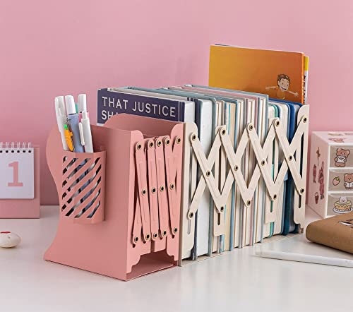 Kingsmile Book Ends, Adjustable Bookends for Shelves, Metal Bookends for Heavy Books, Book Stopper Organzier with Pen Holder for Desk, Kids Room, Office, Classroom, Library, Study Room.(Light Beige) - color: Light Beige