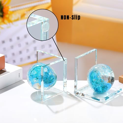 Book Ends for Shelves, Glass Bookends with Turquoise Crystal Hand Blown Sea Wave Ball, Non Skid Sturdy Glass Decorative Bookends for Ocean Lovers, Heavy Books, Office, Set of 2 - color: Light Blue+green