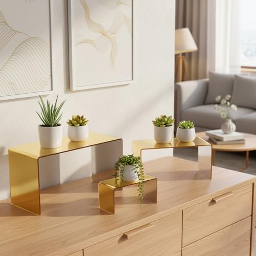 Chuangdi 2 Sets Acrylic Display Risers, Product Stand, Jewelry Display Riser Shelf Showcase Fixtures for Dessert Cupcake Candy Figure Treat Action Showcase (Gold,Large Set) - color: Gold, size: Large Set