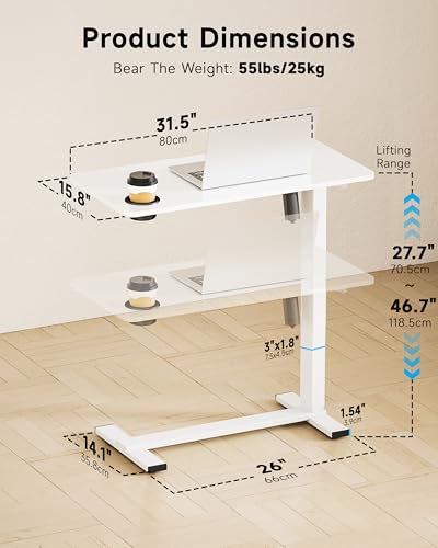 BIZUM Small Electric Standing Desk Bedside Table with Hidden Wheels 31.5 x 15.8 Inch Adjustable Computer Laptop Office Desk, White - color: White