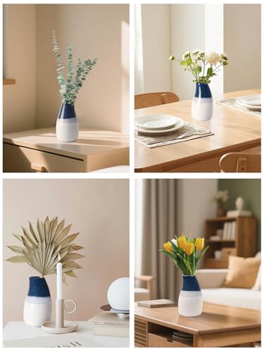 Ceramic Vase – 5.9” Tall Handmade Blue and White Glazed Pottery for Home Decor – Modern Asymmetrical Flower Vase for Living Room, Shelf, Table Centerpiece – 18oz / 500ml