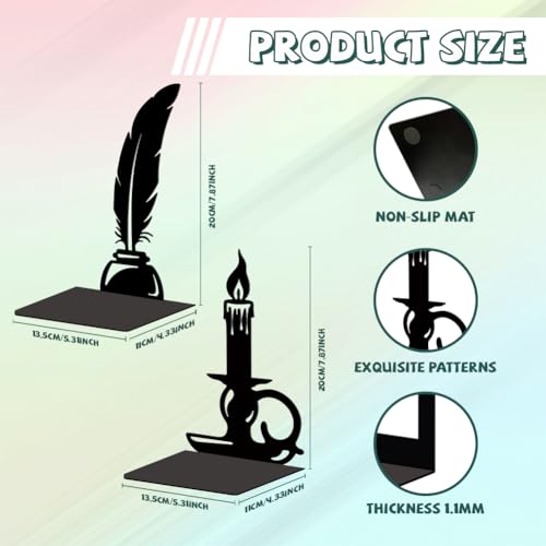 Peacoblue Metal Bookends for Shelves, Modern Decorative Heavy Duty Study Book Support Stoppers for Office, Desk, Shelf, Room 5.3"x4.3"x7.9" Cast Iron Tall Bookends, 1 Pair (Quill Pen and Candlestick) - style: Quill Pen and Candlestick
