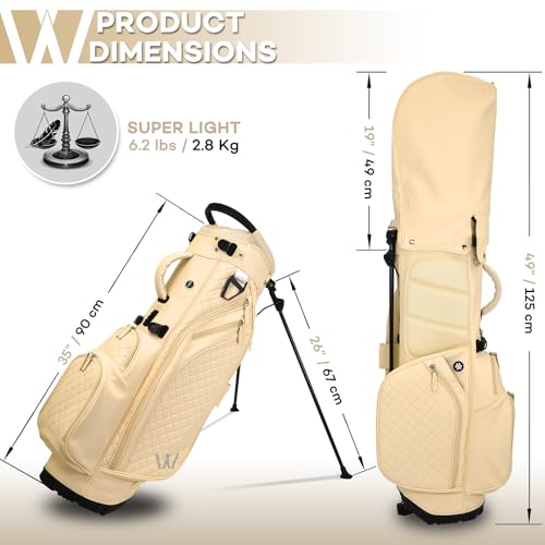 Luxury Womens Golf Bag, PU Leather Golf Stand Bag for Women/Ladies, 14-Way Full-Length Top Dividers, Ultra Lightweight, Large Pockets for Accessories - color: Sandstone