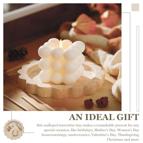 Threehoney 5.5 Inch Small Travertine Scallop Edge Stone Tray Marble Jewelry Dish Trinket Tray for Women, Perfume, Coffee Table(Round) - style: Round