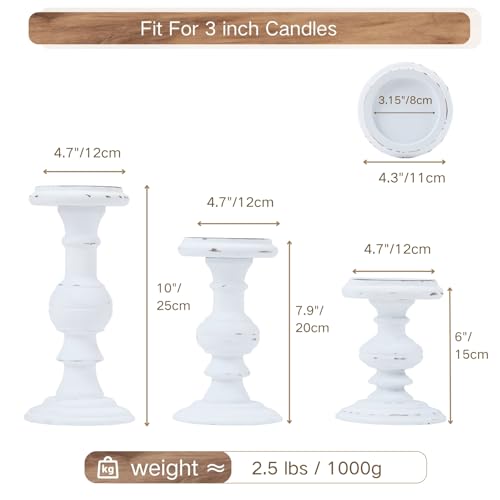 Wood Candle Holders for Pillar Candles, Set of 3 Vintage Rustic Tall Modern Farmhouse Decor, Decorative Wooden Candlestick Holder Stand for Fireplace Mantel, Table Centerpiece - White
