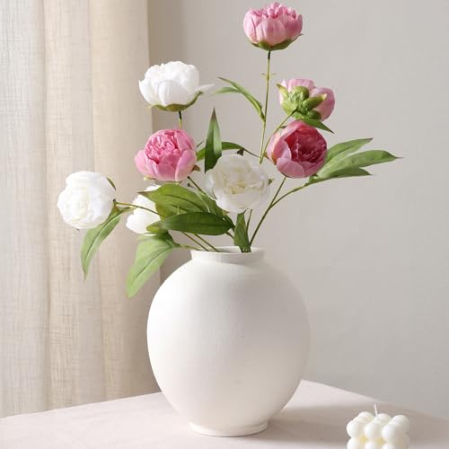 Starttag Large White Ceramic Vase, 9.8 inch Rustic Farmhouse Flowers Vase for Home Decor, Sandstone Texture Round Pottery Tall Vase Indoor for Table Living Room Decor - color: White
