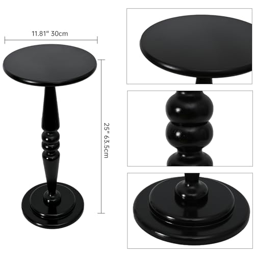 SwallowLiving Black Side Table, 25" Tall Small Round End Table for Small Spaces, Solid Pine Wood Pedestal Drink Table, Narrow Accent Table for Living Room, Bedroom & Entryway, Matte Black Finish - color: Black Spindle