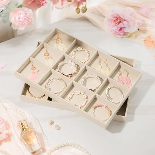 pickpiff Drawer Jewelry Organizer & Display Trays: 2pcs 12grid Velvet Stackable Jewelry Case (13.8x9.4x1.2inch) - Soft Beige Necklace Holder Bracelet Display Watch Box - size: 12 grids + 12 grids