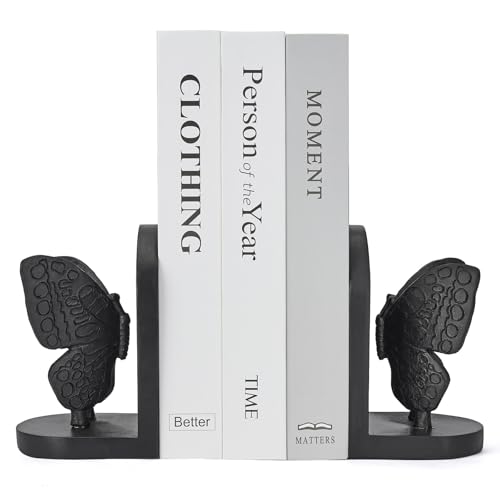 Black Butterfly Book Ends for Shelves, Butterflies Statue Decorative Bookends for Heavy Books, Resin Book Ends with Non-Slip Felt Base for Home Farmhouse Shelves Office Lover Gift - color: Butterfly Bookends Black