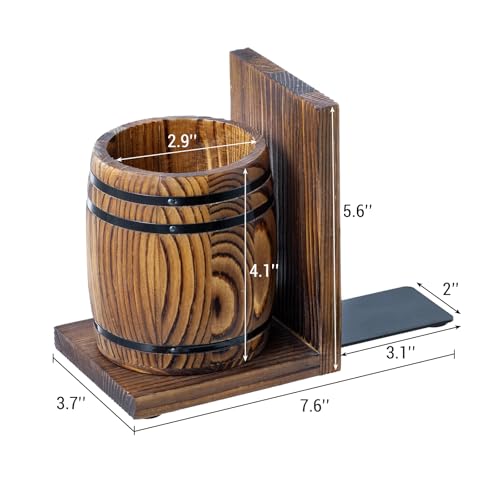 MyGift Wood Decorative Bookends with Pencil Holder, Office Desk Books Ends and Pen Holders as Vintage Wooden Barrels, Heavy Duty Bookends for Shelves, Rustic Burnt Brown Wine Barrel Design,1 Pair