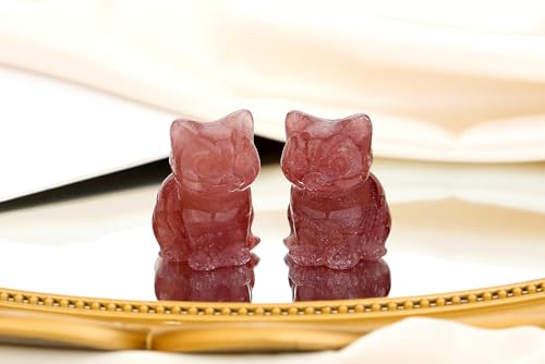 QINJIEJIE Strawberry Quartz Cat Crystals Figurines Carved Stone Healing Crystal Gemstone Sculpture Home Office Decoration Sitting Cat Statue Gifts for Women - color: R-strawberry Quartz, size: 1.5 inches