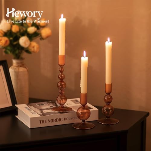 Hewory Glass Candlestick Holders Set: 3PCS Brown Candle Holder Taper Candle Holders Bulk, Crystal Ribbed Candle Sticks Holder Decor for Table Centerpiece Wedding Christmas Thanksgiving Dinner - color: Brown