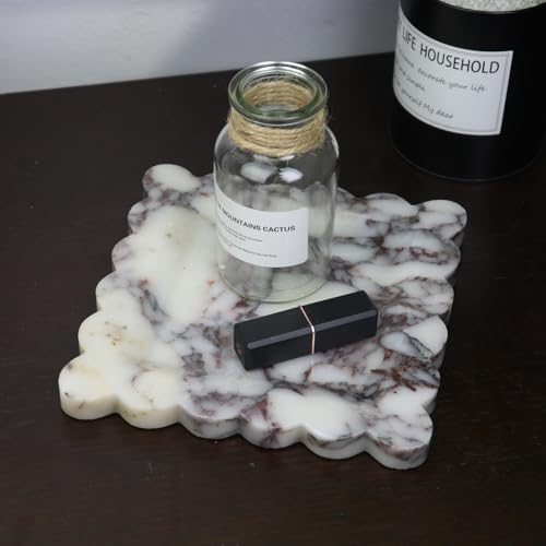 Square Marble Decorative Tray with Scalloped Edge, Luxury Natural Stone Bathroom Vanity Tray, Dresser Top Perfume Coffee Home Kitchen Sink Tray, Key Trinket Ring - color: Bvlgari Purple