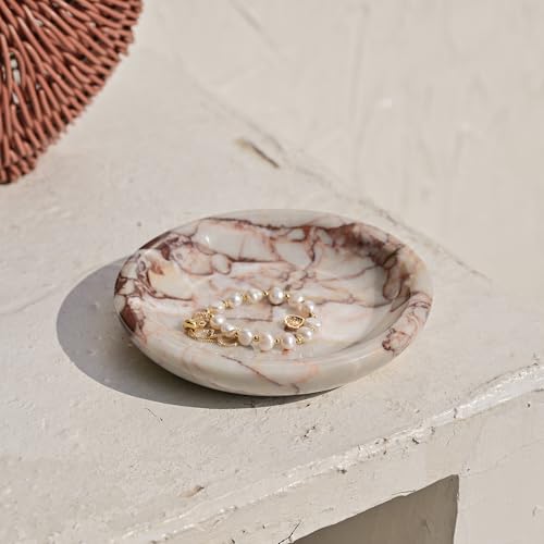 ZSHAWN Natural Calacatta Viola Ring Dish Jewelry Tray – 5.5" Trinket Dish for Rings Earrings Necklace, Scratch-Resistant Vanity Organizer, Elegant Gift for Women (Pink & Red) - color: Pink & Red Calacatta Viola Marble