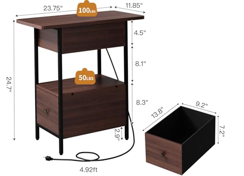 SOOWERY End Table with Charging Station, Narrow Side Table with Flip Top Cabinet and Fabric Drawer, Nightstand Bedside Tables for Small Spaces, Bedroom, Living Room, Dark Cherry - color: Dark Cherry